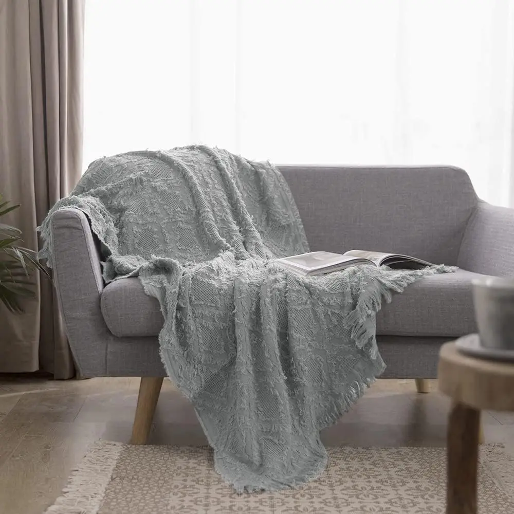 Throw Blanket for Bed, Couch, Boho Textured Geometric Knit Woven Blanket With Tassels Soft, Lightweight Breathable Shabby Chic  Decoration for -(Greyish Green)