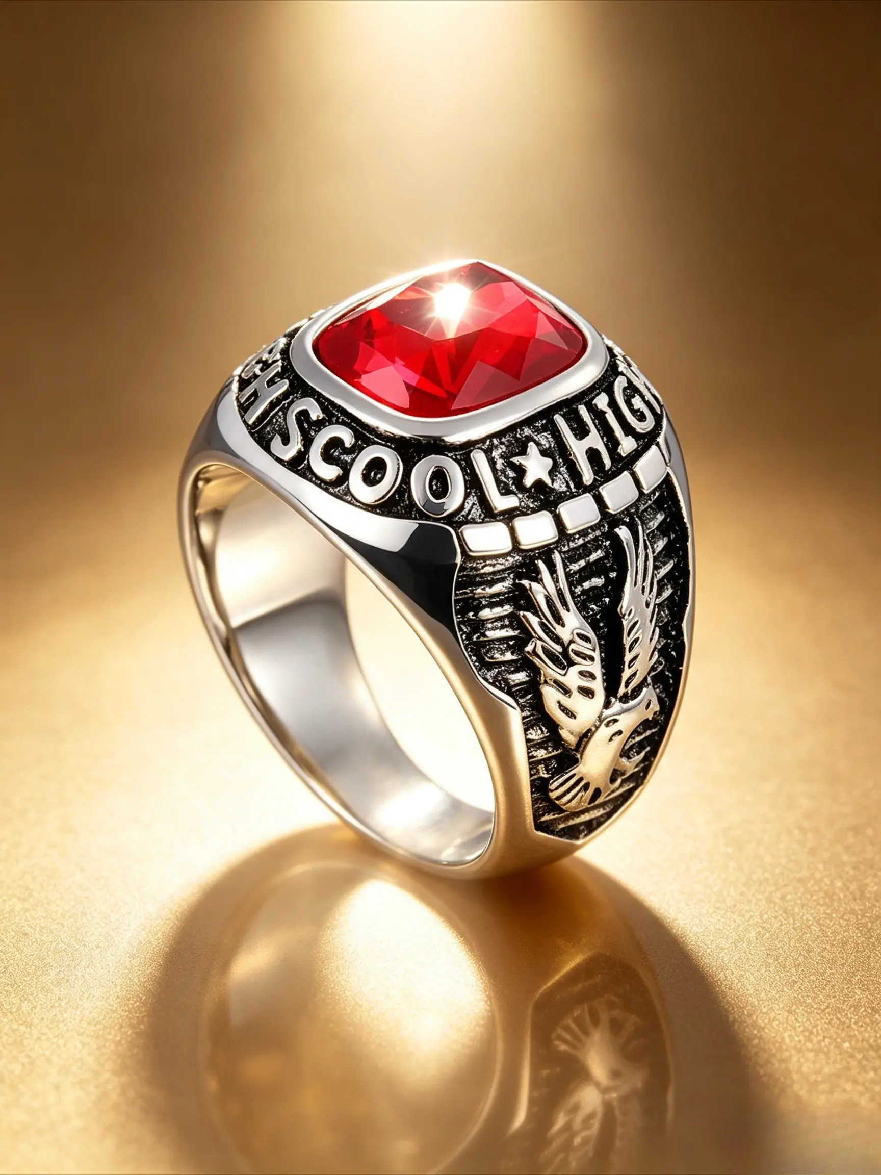 Vintage Eagle High School Class Ring, 316 Stainless Steel Inlaid Square Cut Colored Crystal Signet Ring, Hypoallergenic Anti Tarnish Punk Graduation Statement Band Rings, Retro Jewelry Gift For Men