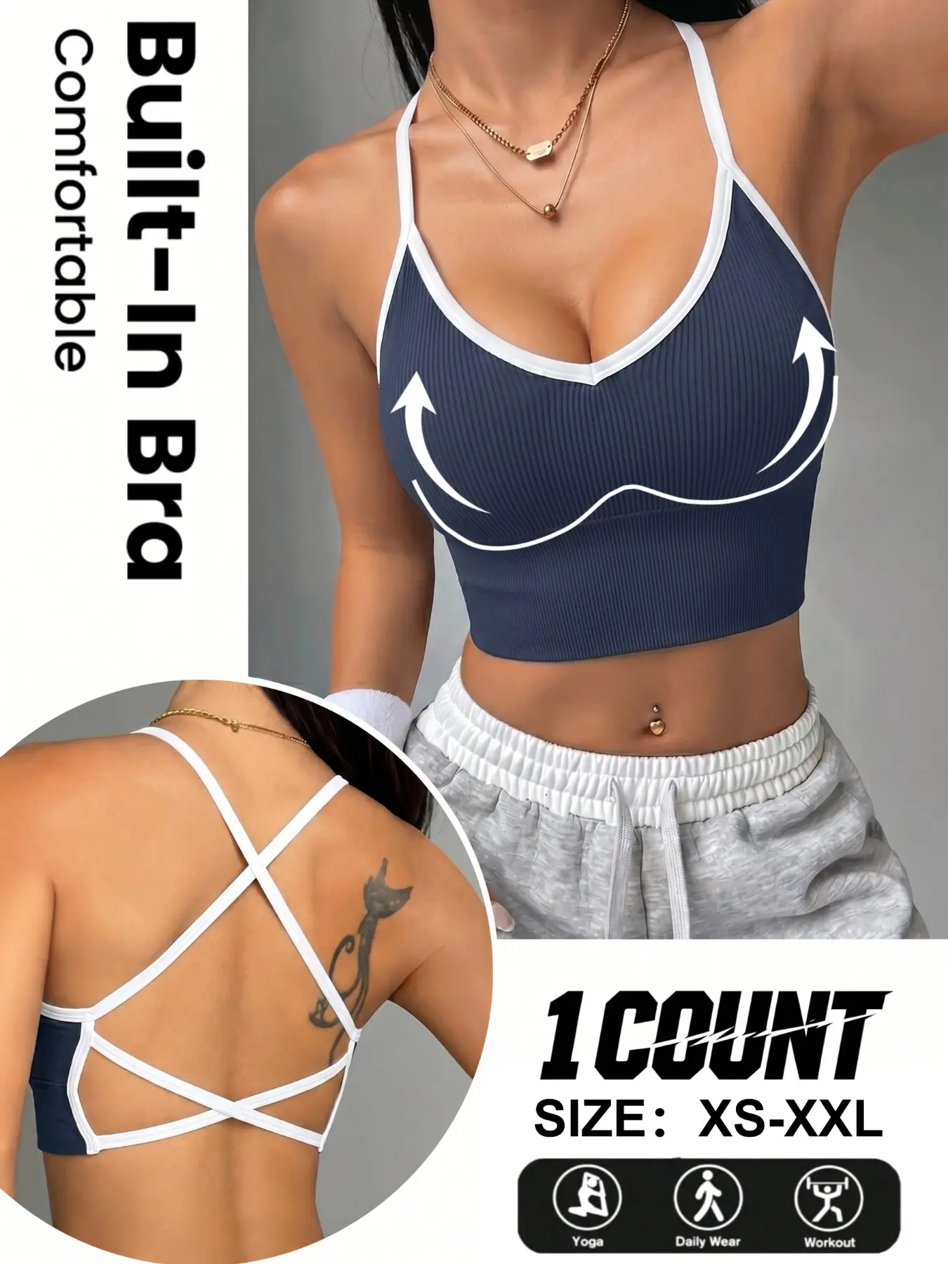 Women's Cross Back Sports Bra with Pads, Shockproof and Breathable, Ideal for Running Yoga, Versatile Fitness Top, 1/3 Pack