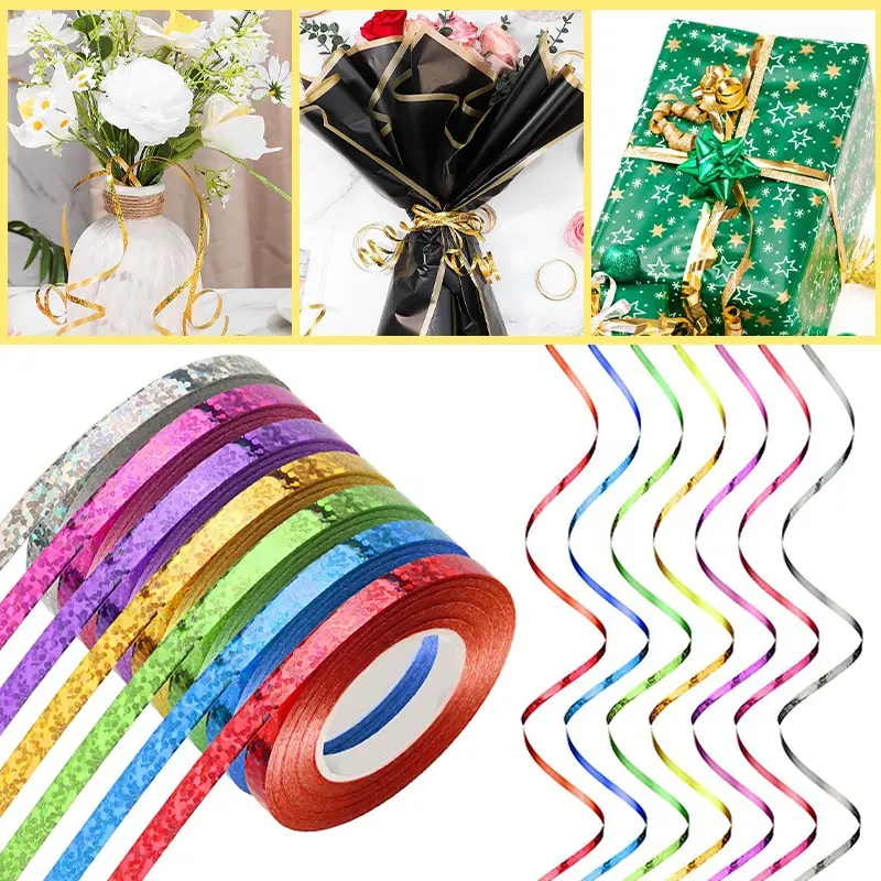 7Pcs Laser Balloon Ribbons, 5Mm Width 10M Per Roll, 7 Assorted Metallic Shiny Streamers, Balloon Tie Rope for Wedding Birthday Party Valentine Christmas Gift Bouquet Festival Decorations