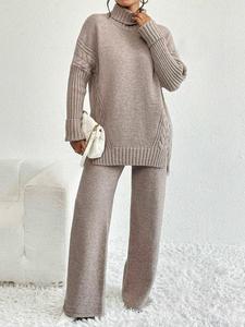 women's textured split high low hem sweater & wide leg knitting pants, casual fashion cozy turtle neck jumper & trousers for daily outdoor wear, women's knitwear for fall & winter