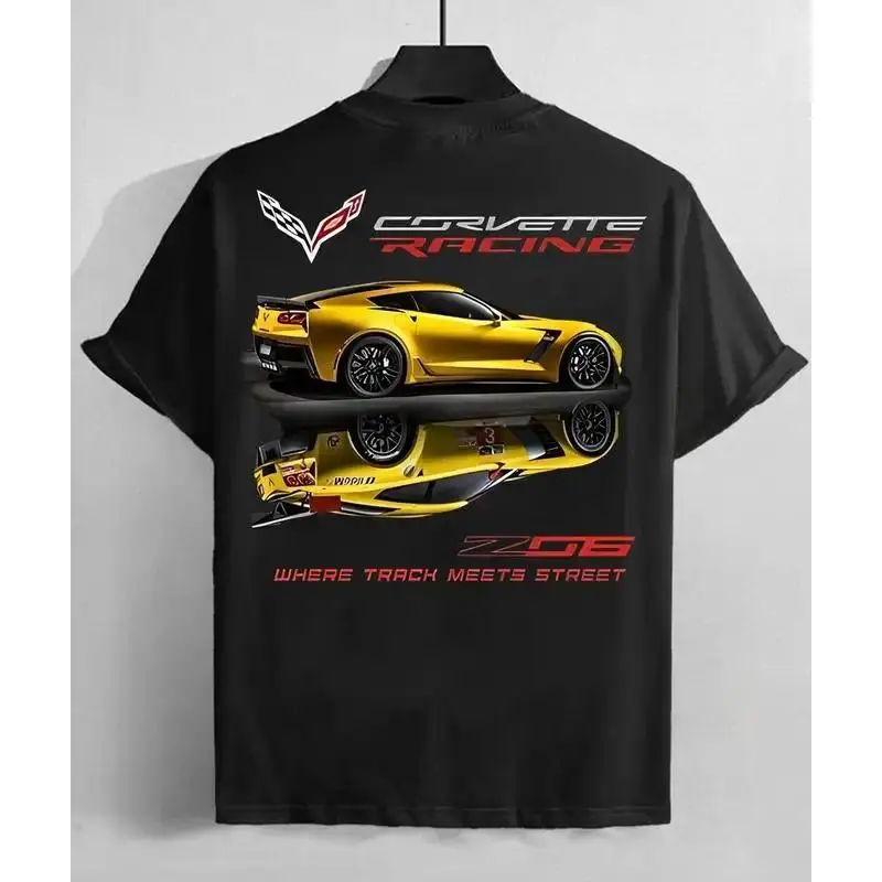 Corvette Z06 Racing Cars 1-Sided Graphic Tees Unisex Menswear Street Racing Shirt Trendy Genz Shirt Gift For Friends Casual Cotton 100% Top for Men and Women
