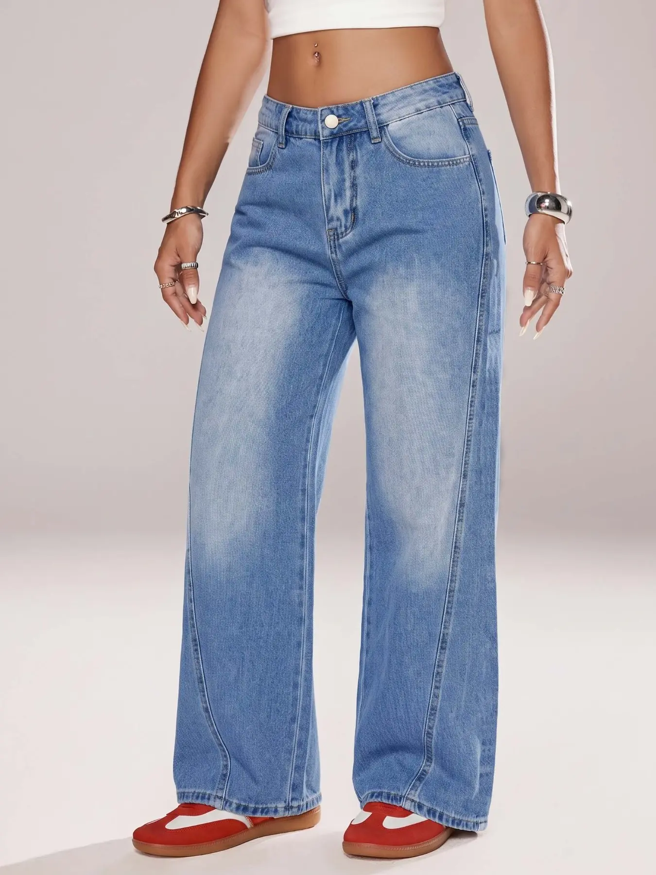 Women's Side Seam Split Design Loose Wide Leg Denim Jeans, Y2K Light Wash Streetwear Long Pants, Casual Slim-Fitting Plain Surface