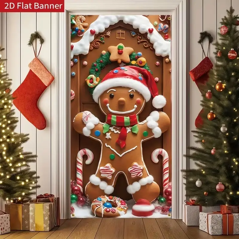 Christmas Gingerbread Man Cookie Curtain Banner, Durable Polyester, 180cmx90cm, Indoor Outdoor Decor, Party Carnival Decoration