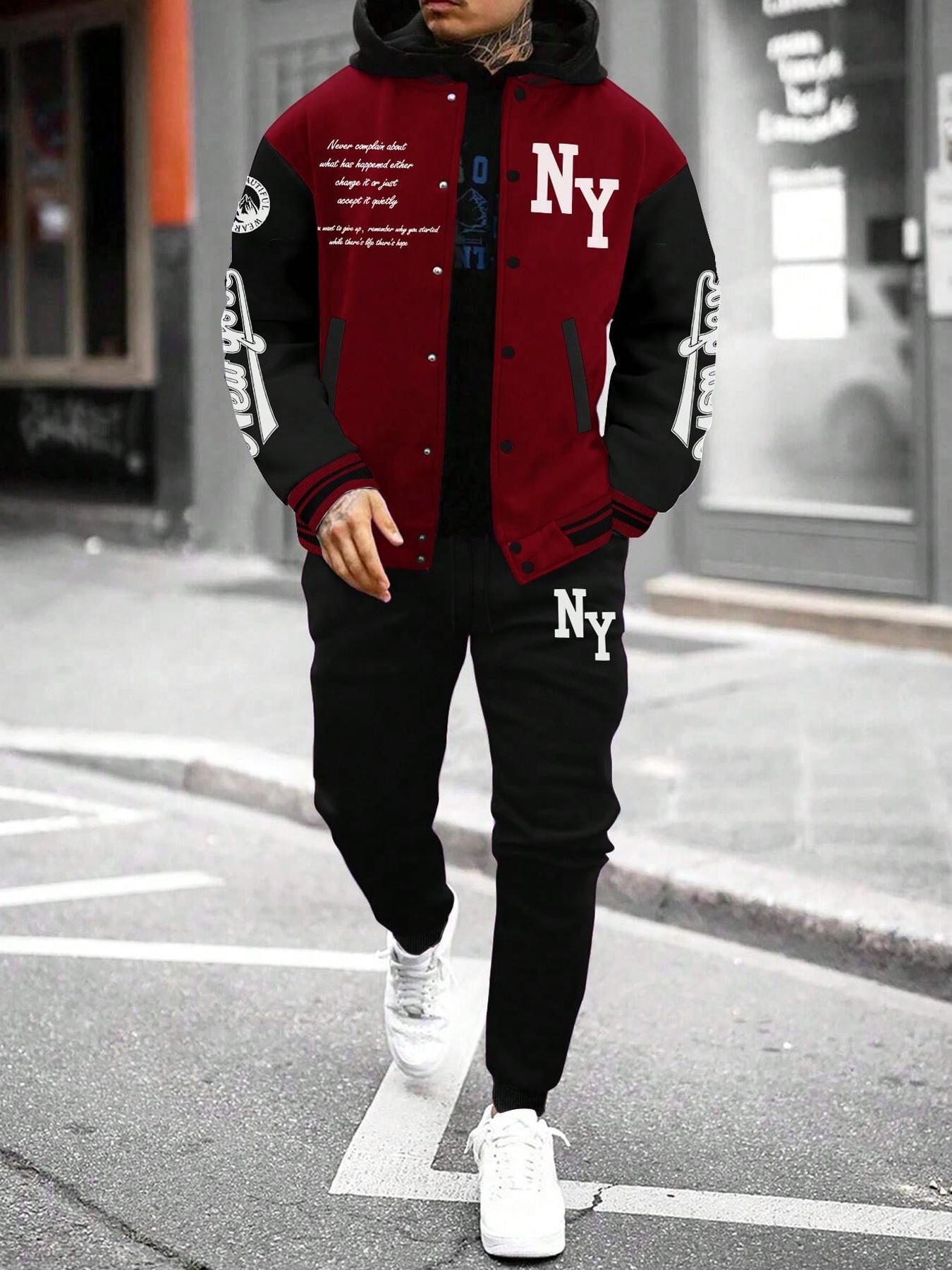 Two-Piece Set Matching Sets Men's Colorblock Letter Print Button Front Jacket & Drawstring Waist Sweatpants, Regular Fit Casual Long Sleeve Outerwear & Pocket Jogger Pants for Daily Wear, Men's Outfits for Fall & Winter