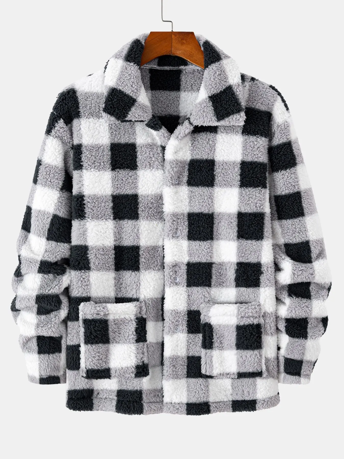 Classic Buffalo Plaid Fluffy Jacket for Men, Warm Fuzzy Plush Button-Up Lapel Coat, Loose Outerwear for Lounging, Winter Casual Style