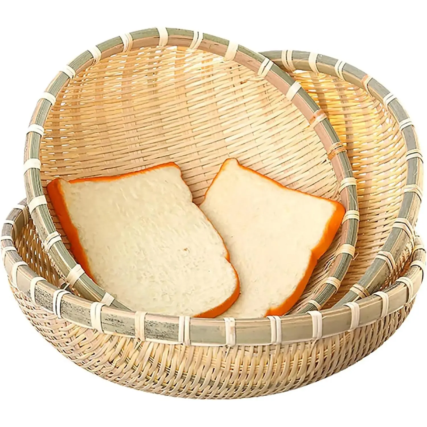 Natural Look Bamboo Wood Organiser Pack, 3-Piece U-Shaped Woven 10-12 in Stackable Sturdy Trays for Home & Kitchen Fruit & Veg Storage