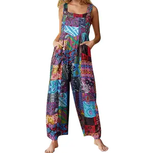 Women's Patchwork Dual Pocket Jumpsuit Loose Floral Print Bohemian Wide Leg Bib Overall