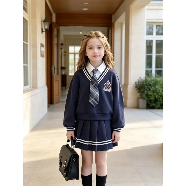 Teen Girl's Campus Style Two-Piece Set: Short Loose-Fit Long-Sleeve Sweatshirt Jacket + Striped Pleated Skirt with Tie