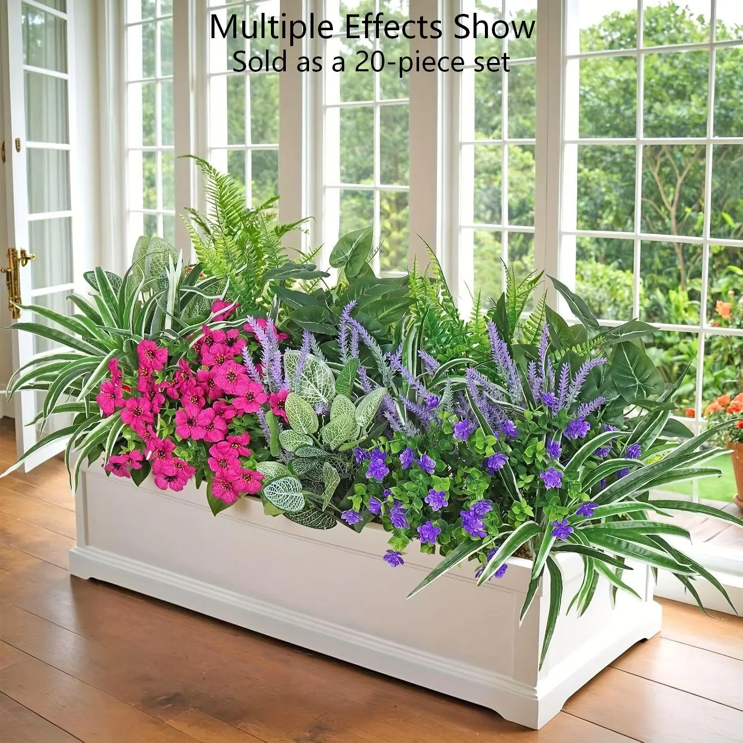 20Pcs UV Resistant Artificial Flower Greenery Mix, Decorative Faux Flowers, Fake Lavender Bougainvillea Fern Palm Stems, Weatherproof No Fade Shrubs for Window Box Porch Patio Garden Balcony Yard Decor