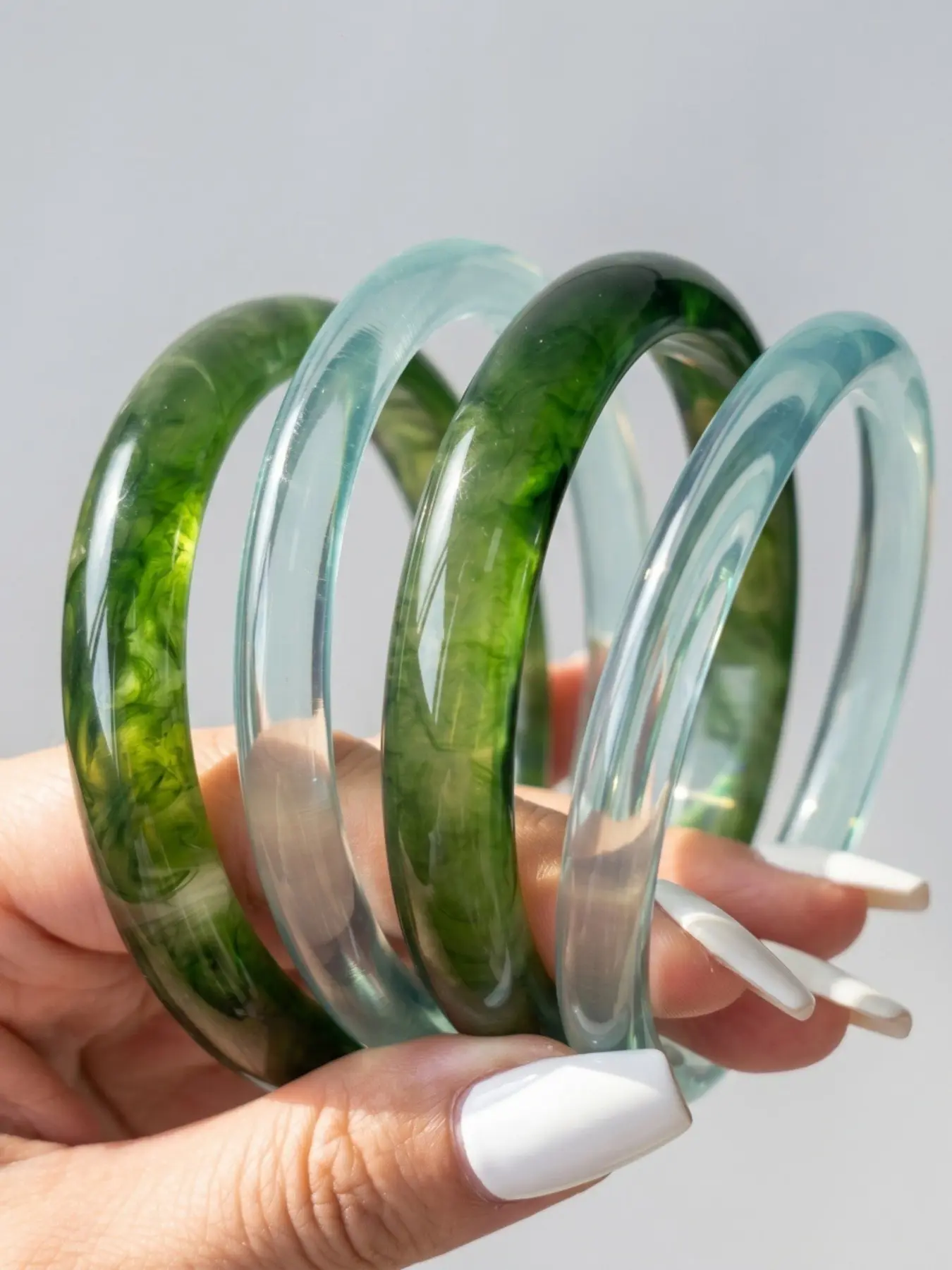 4PcsHot Selling Green Transparent Resin Bangles Stylish, Unique Bracelets For Women.