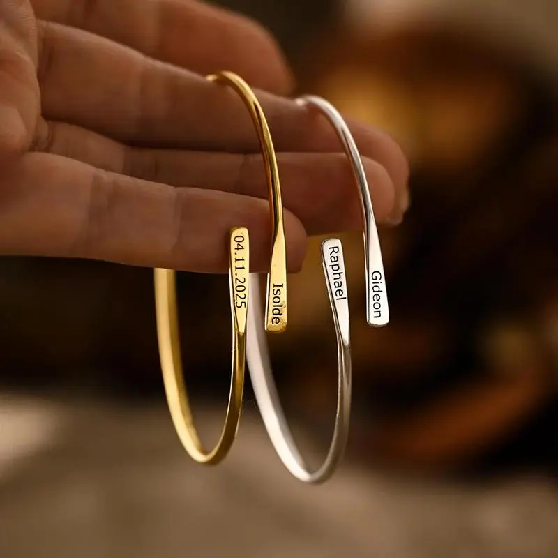 AS128 Personalized Custom Engraved Name Bracelet - Stainless Steel, Flattened Letters, Staggered Lettering, Adjustable Size, Bangle Shape for Male Wear & Everyday Use