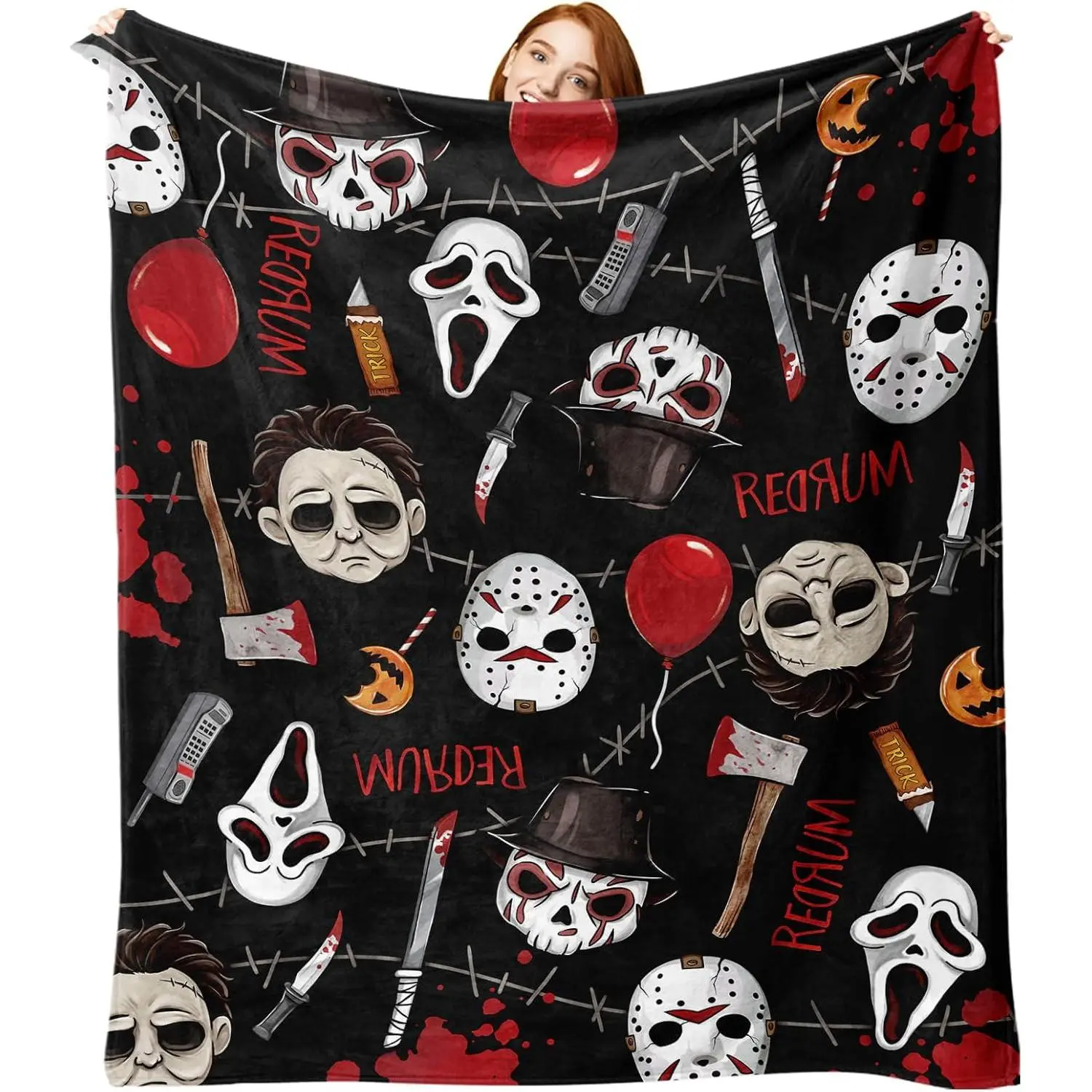 Classic Horror Movie Characters Seamless Pattern Flannel Throw Blanket Michael Myers Ghostface Freddy Jason Pennywise Redrum Warm Blanket Gift Horror Fans All Ages