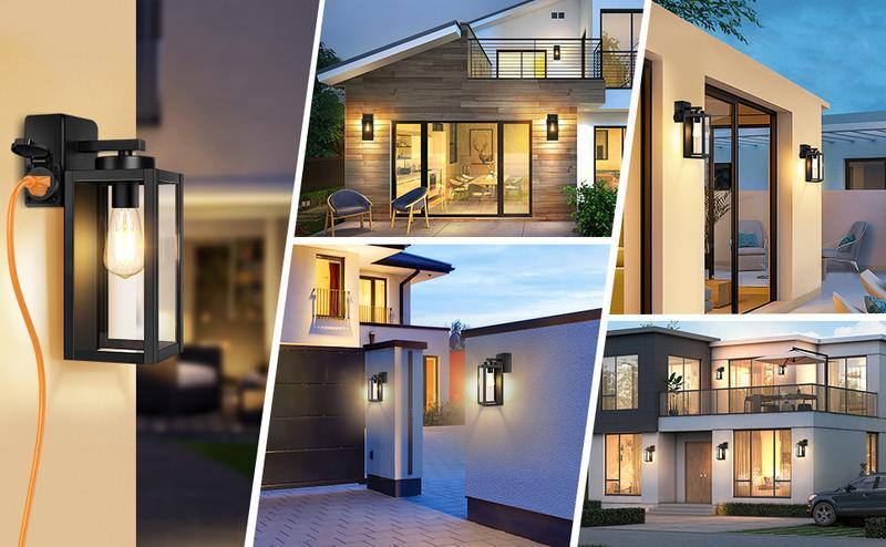 2-Pack Porch Lights Outdoor with UL Certified Outlet, Modern Outdoor Wall Lights Exterior Lighting Fixtures Waterproof, Exterior Wall Sconces Outside Lights for House Front Door Garage