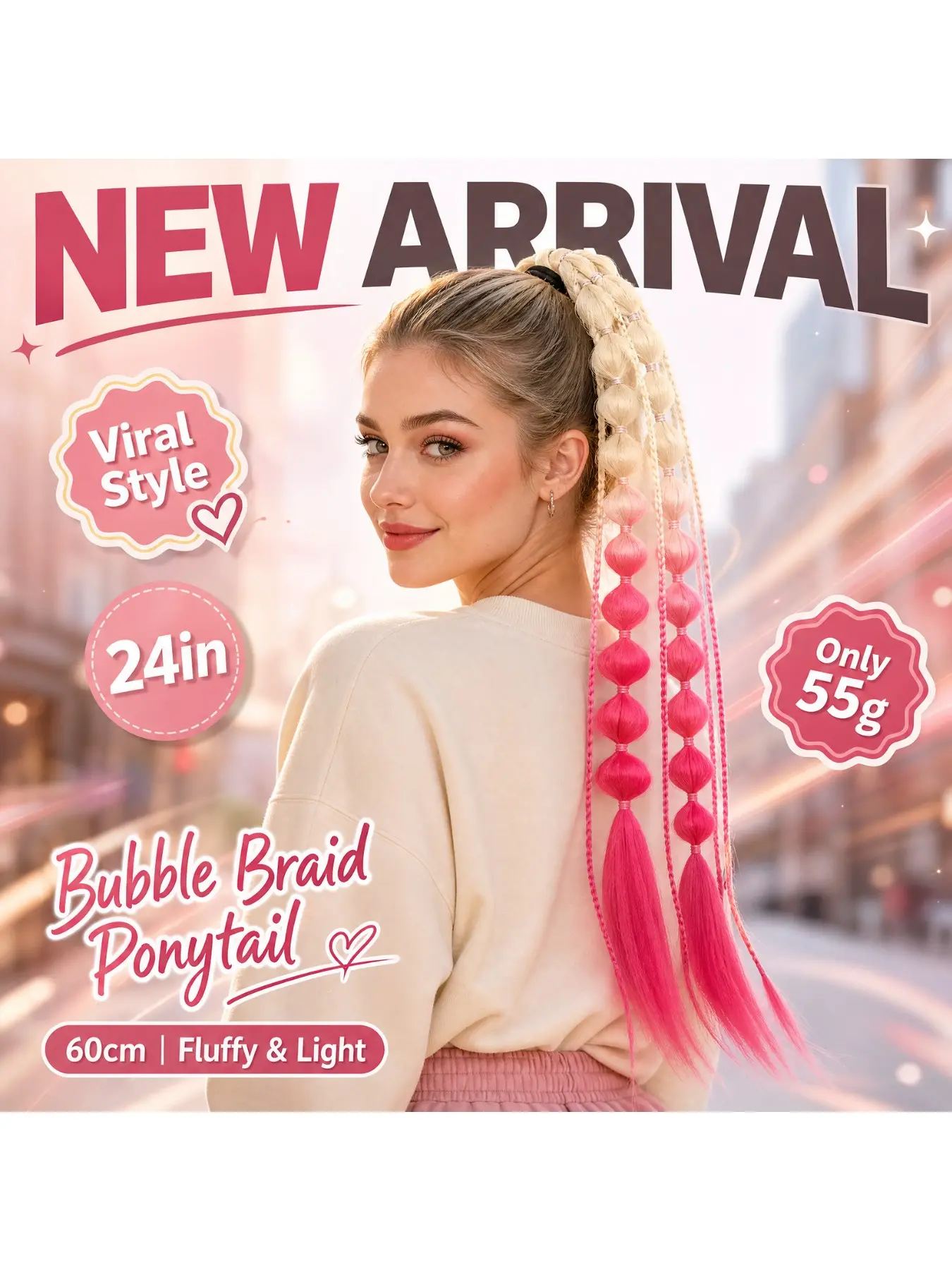 Fashion Lantern Bubble Twist Braid Ponytail Wig 24 Inch Hand‑Braided Synthetic Hair Extension With Stretchy Elastic Band for Women Christmas Party Daily Styling Full‑Bodied Hairpiece Synthetic Fiber Hairpieces