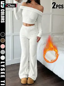 Autumn and winter women's soft plush suit, one shoulder short top+pants, milky white to show off temperament, suitable for both home and outdoor activities, lazy yet fashionable