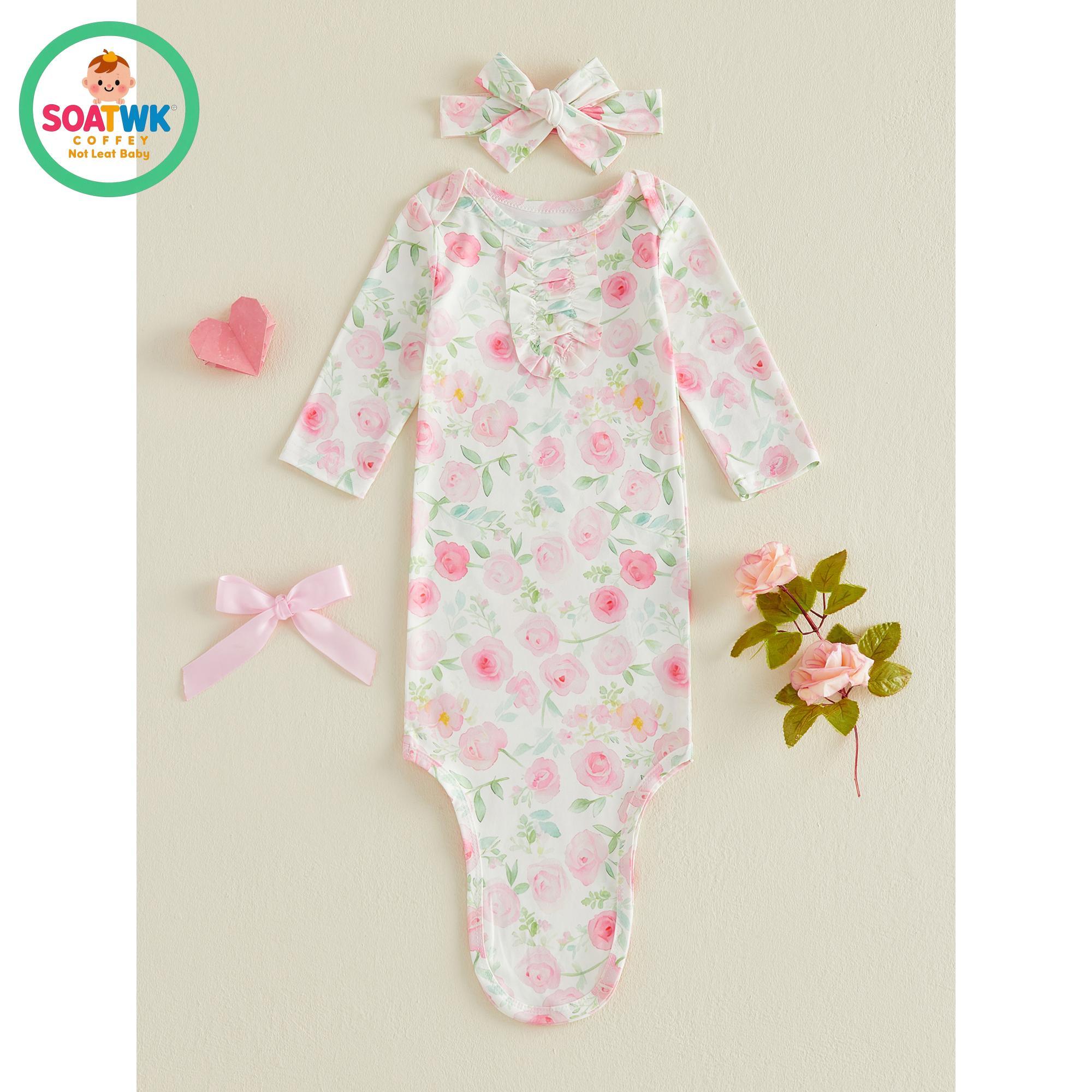 Newborn Sleeping Bags Floral Print Crew Neck Short Sleeve Knotted Swaddle Baby Girls Sleep Sack with Matching Headband
