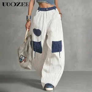 UOOZEE Women's Vintage Heart Patch Striped Striped Patchwork Wide Leg Pants, Elastic Back Waist High Waist Baggy Trousers with Pockets, Casual Streetwear Bottoms, Size Up for Full Waist