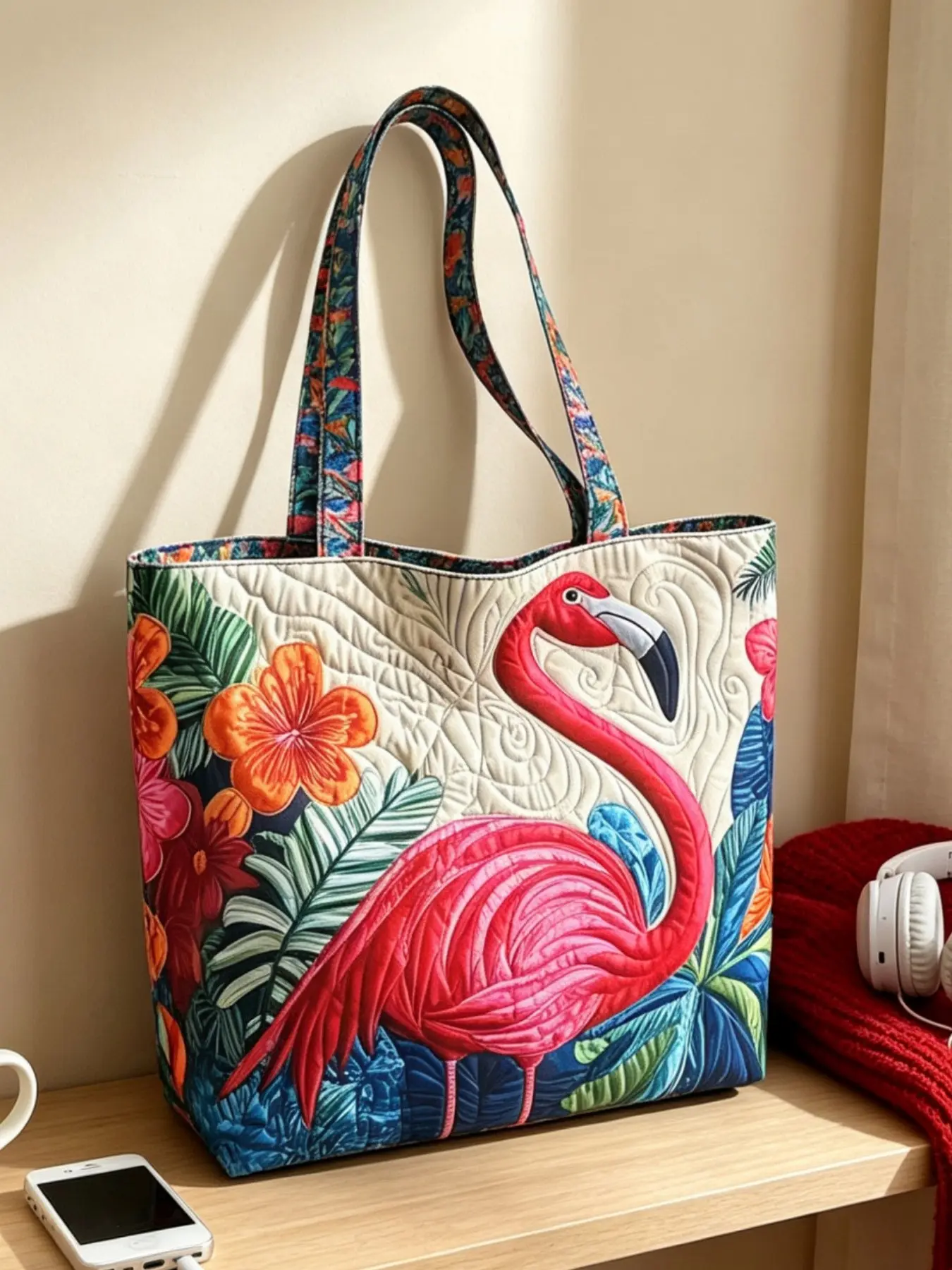 2026 New Tropical Flamingo Floral Quilted Fabric Animal Tote Bag for Women, Large Capacity Print Shoulder Handbag, Beach Vacation Retro Shopping Commute Student Backpack
