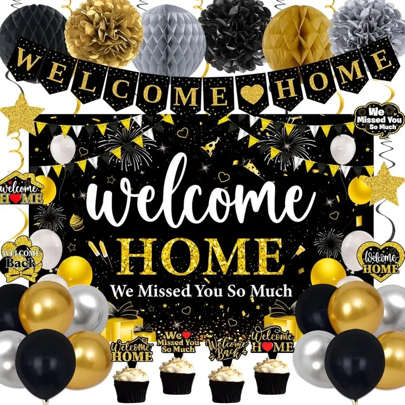Black Gold Welcome Home Party Decor Kit - Transparent, Colorful Star-Style 2 Set with Banner, Backdrop, Balloons, Hanging Swirls, Card, Cake Toppers, Pompom for Military Army Homecoming Family Reunion