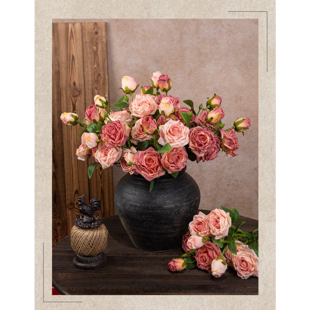 French Style Artificial Single Branch 3-Head Burnt Edge Rose Vintage Home Living Room Decoration Fake Dried Flower Bouquet High-End Feel