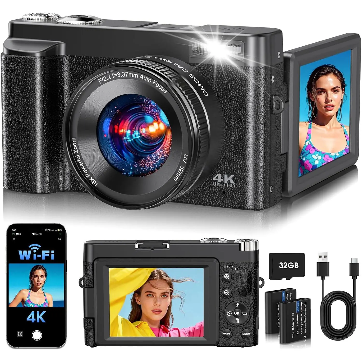 2026 Upgraded 4K Digital Camera 64MP WiFi 180° Flip Screen Autofocus, Black | Compact with 16X Zoom Anti-Shake Webcam Filters Scene Modes, Travel Vlogging for YouTube Photography, 32GB Card, 2