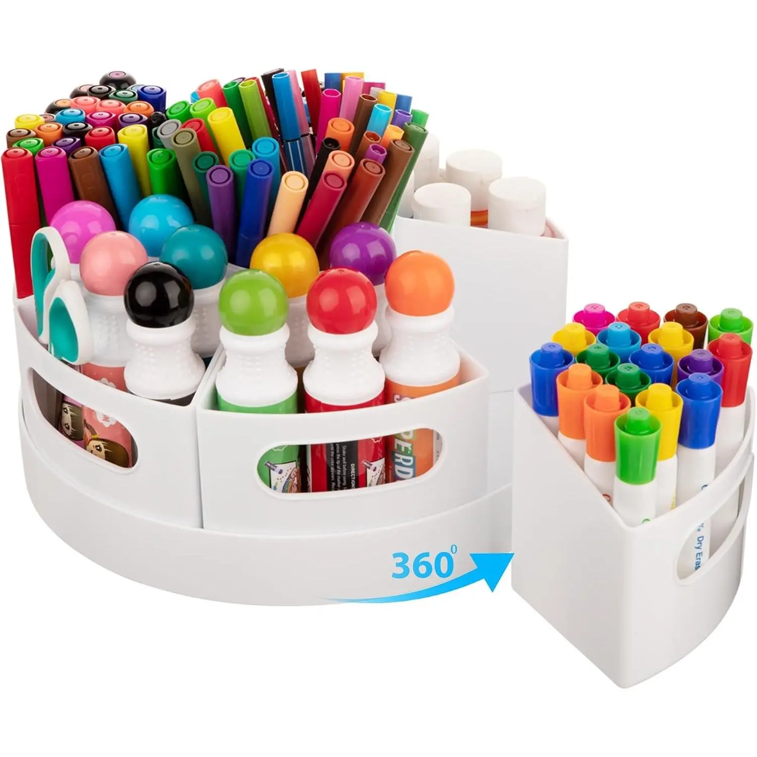 Rotating Art Supply Organizer with 7 Removable Compartments, White - Extra-Large 360-Degree Desk Caddy for Markers, Crayons & Craft Supplies, Non-Slip Base