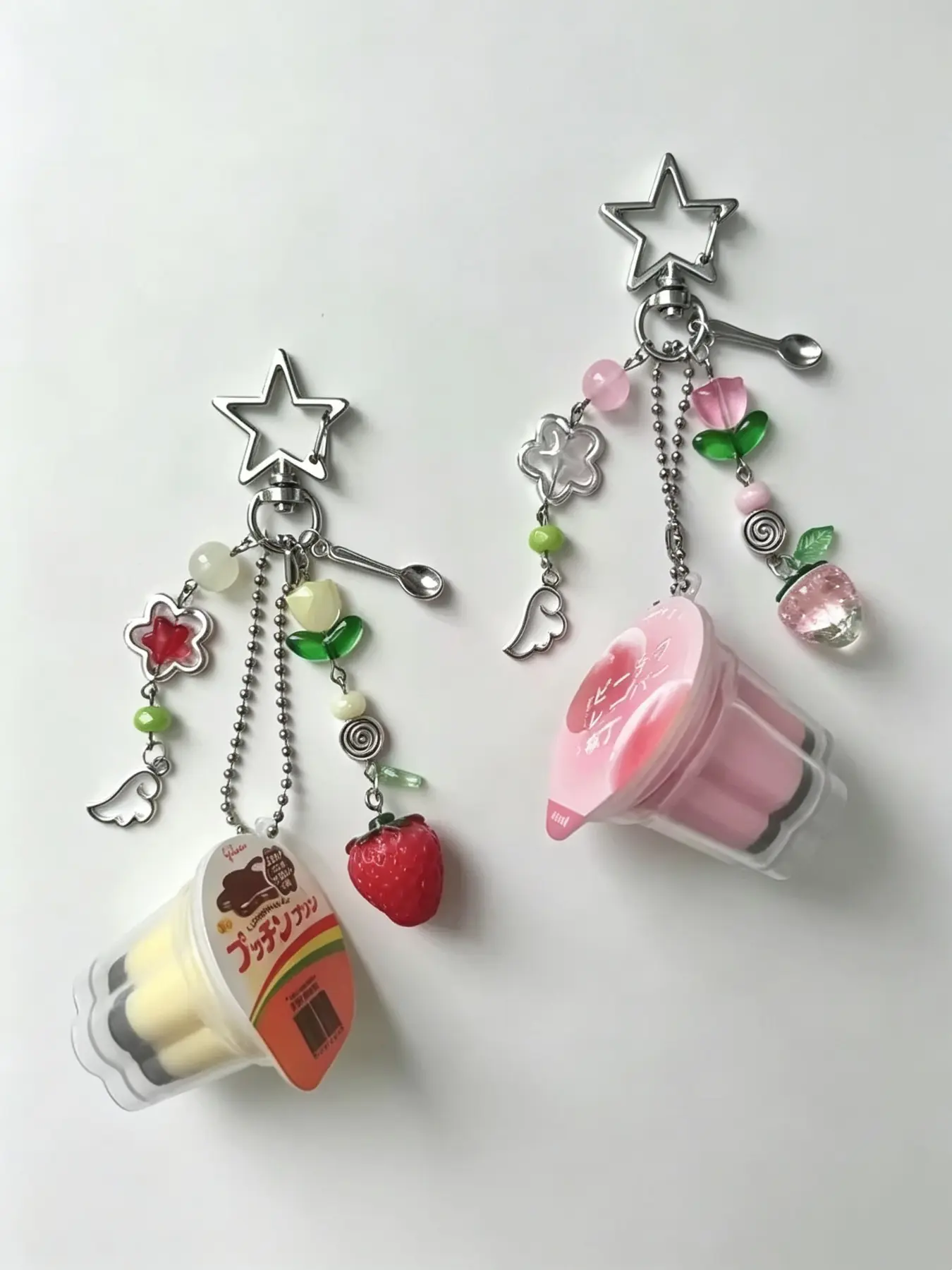 2Pcs Mini Pudding Food Charms Set, Cute Y2K Kawaii Beaded Keychain, Simulation Dessert Pendant With Star Carabiner, Ideal Gift For Girls, Bag Key Backpack Decor
