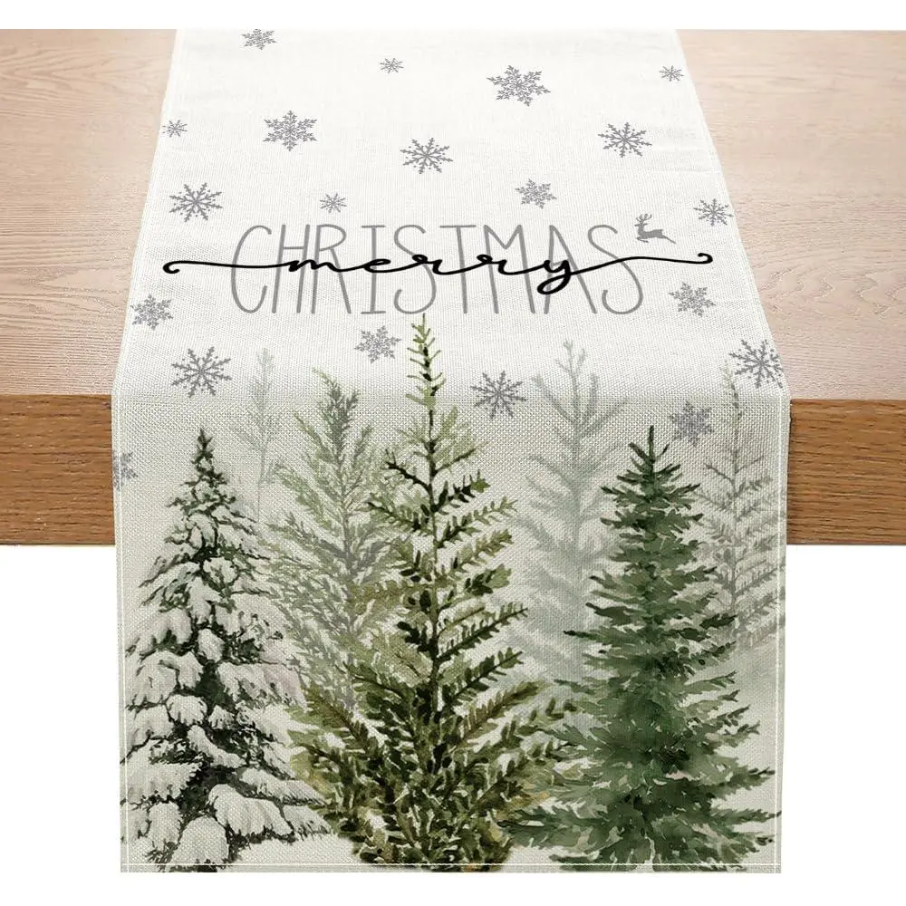 Trees Snowflake Christmas Table Runner Merry Christmas Table Runners Xmas Winter Holiday Kinchen Dining Table Decoration for  13x36 Inch