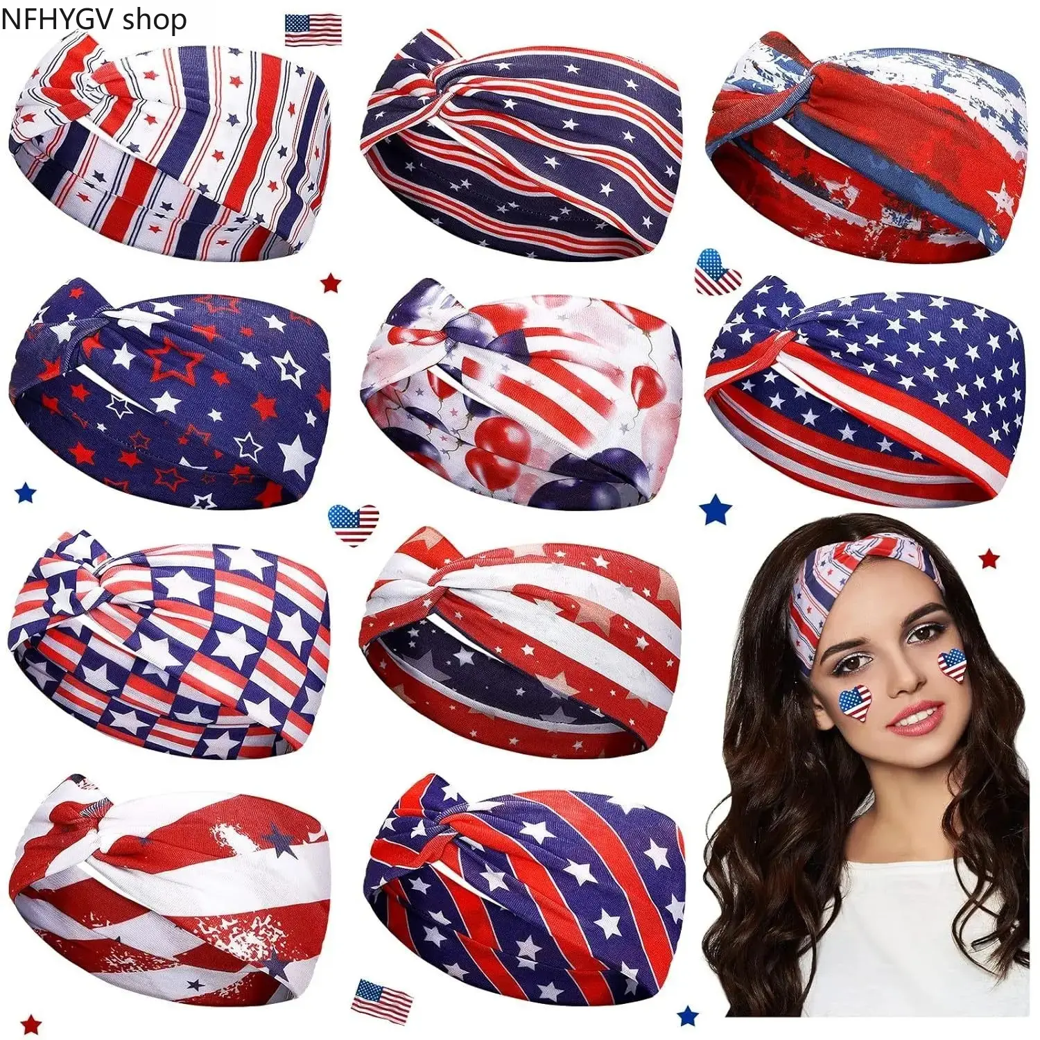 10-Pack Women's Patriotic Headbands, Twisted American Flag Hair Accessories, Sports Sweatbands With Secure Hair Hold, Headwear Accessory For Outdoor Sports Activities 4th Of July Holiday Celebrations Casual Outfit Styling Use