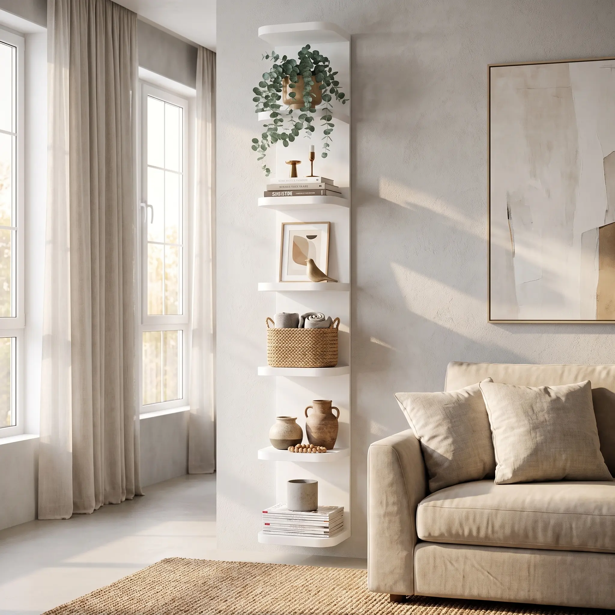 7 Tier Wall Shelf Unit White Floating Shelves for Wall, Decorative Lack Shelf for Storage Curved Edges, Tall Vertical Display Shelf for Bedroom, Vanity, Living Room, Book Shelves