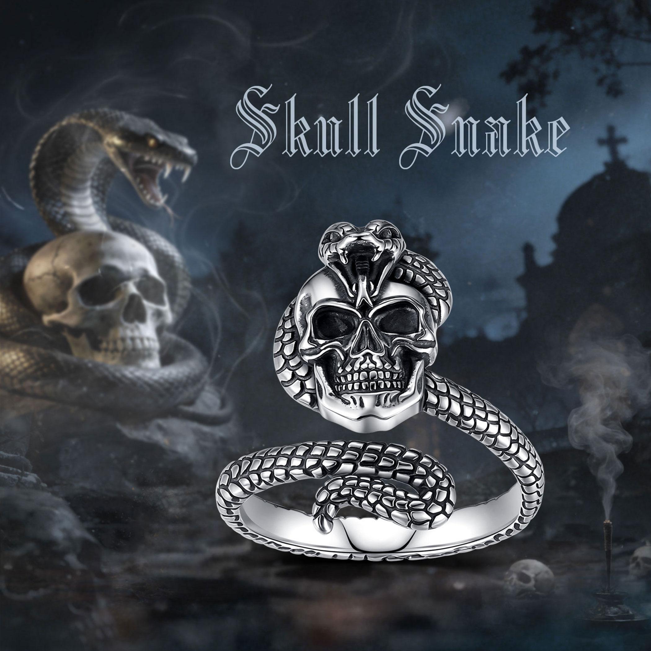 Eudora 925 Sterling Silver Skull Serpent Ring Adjustable Open Band Vintage Oxidized Snake Skeleton Gothic Punk Statement Jewelry for Men Women