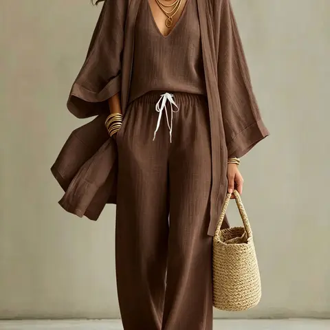 Women's Cream 3-Piece Casual Outfit Set, Lightweight Open-Front Cover-up, V-Neck Tank Top and Drawstring Wide-Leg Pants