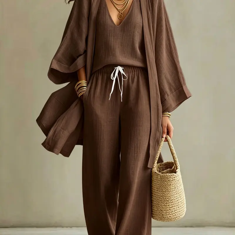 Women's Cream 3-Piece Casual Outfit Set, Lightweight Open-Front Cover-up, V-Neck Tank Top and Drawstring Wide-Leg Pants