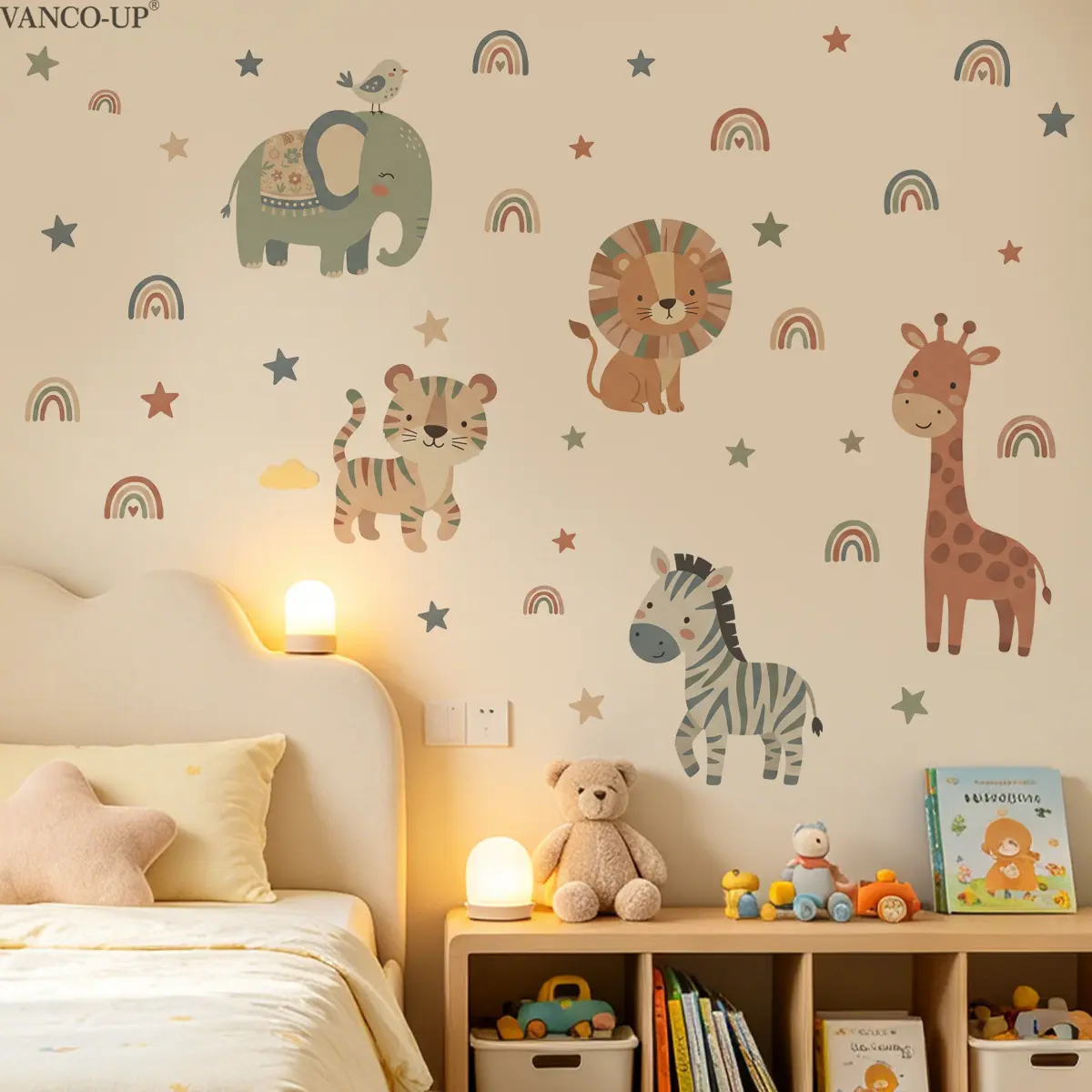2Pcs Set (3090cm2pcs) Self-Adhesive Wall Stickers, Soft Morandi Jungle Animals with Stars & Clouds, Warm Decor Decals for Bedroom and Living Room Home, Nursery Wall Decor
