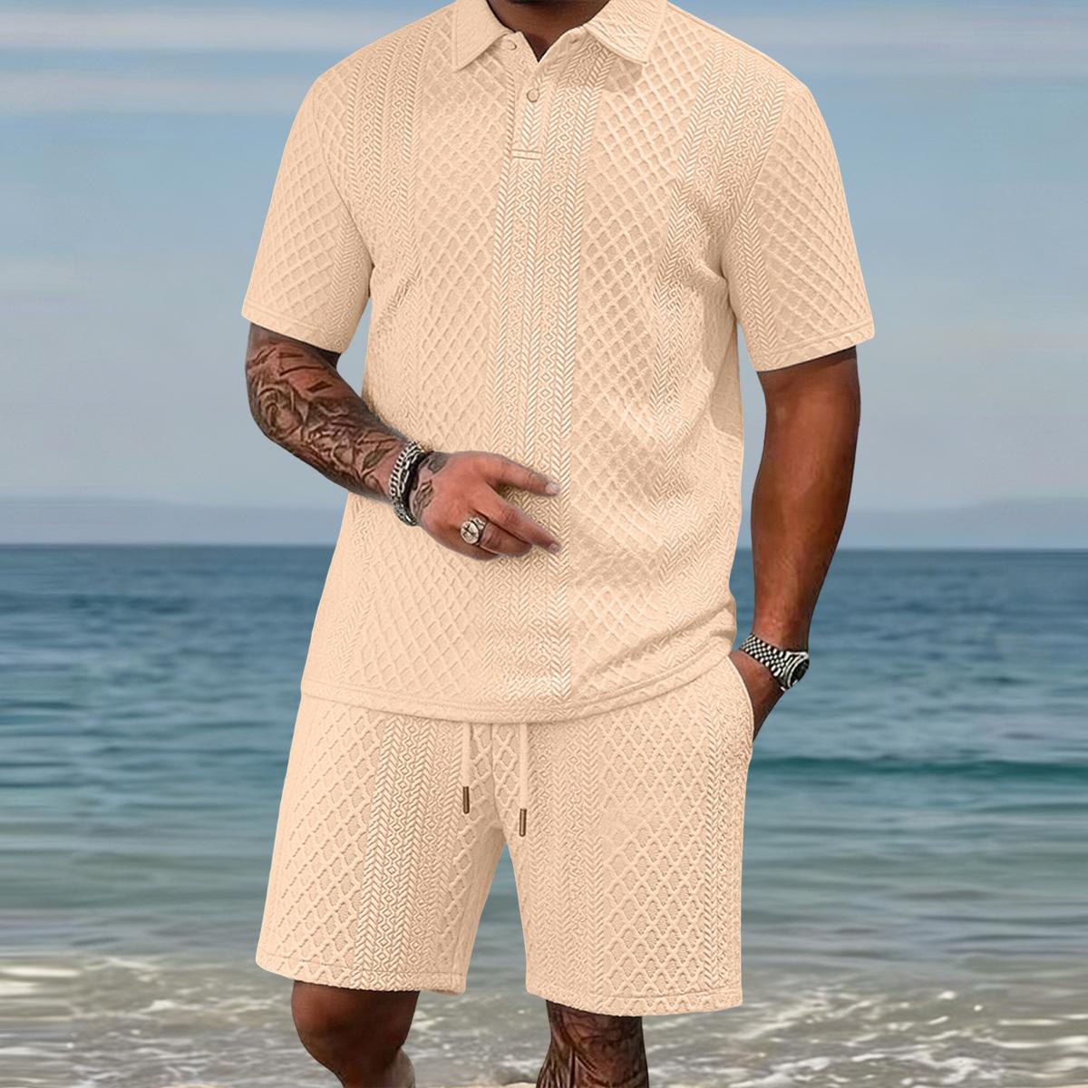 Men's summer casual texture fabric solid color polo shirt T-shirt shorts 2-piece set, loose fit suitable for casual sports, breathable and cool, essential summer outfit, comfortable and versatile  Menswear Plain