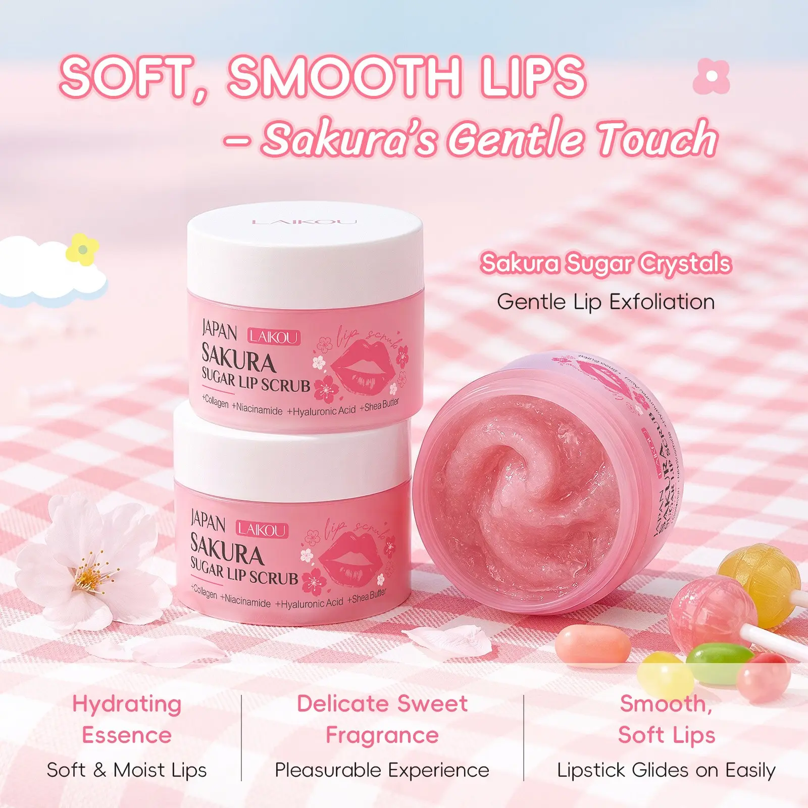 Cherry Blossom Sugar Gentle Lip Exfoliator 18g, Pre-Makeup Emergency Dead Skin Removal, Smooth Moisturize, Plump Hydrated Lips, Deep Nourishment  Infused with Shea Butter & Collagen, it leaves lips soft, hydrated, and perfectly primed for long-lasting.