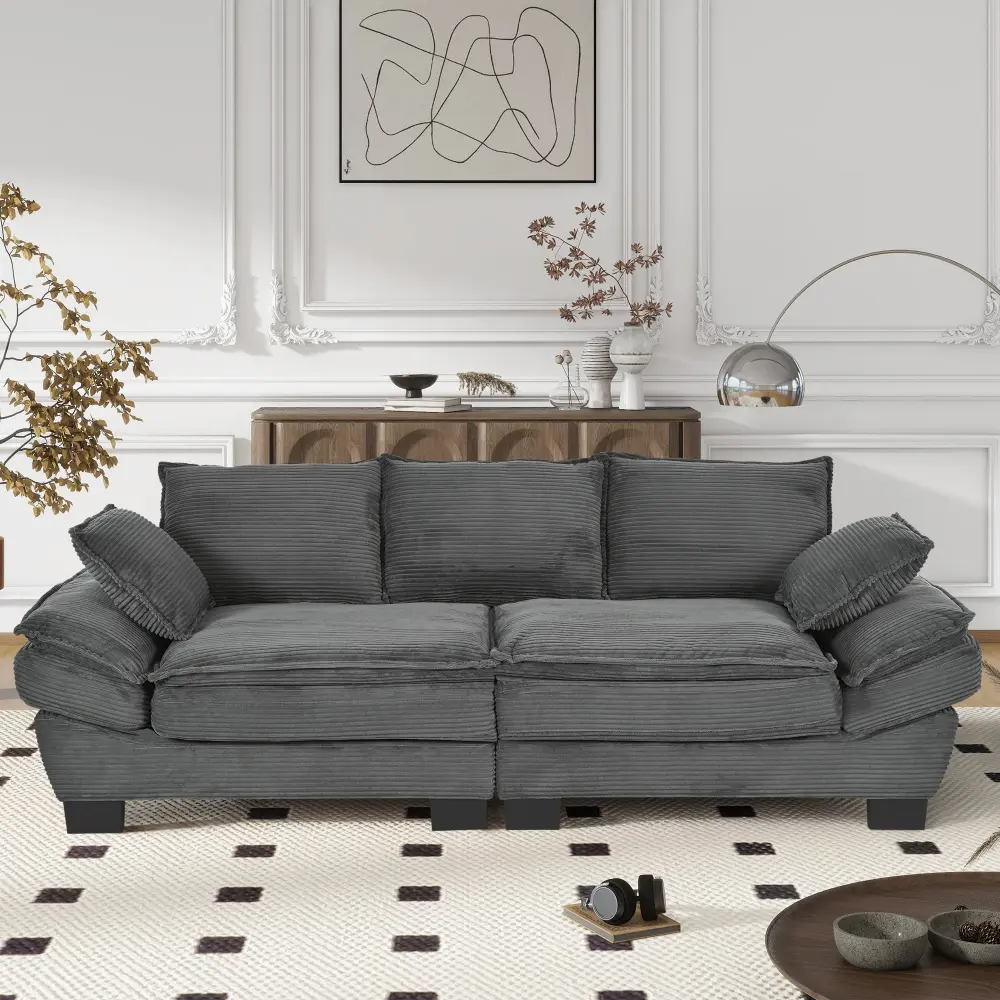 Littleox U-Style 85.4" Modern Curved Sofa, Back Upholstered Couch with 2 Decorative Throw Pillows, Corduroy Fabric Couch for Living Room, Bedroom , Apartment