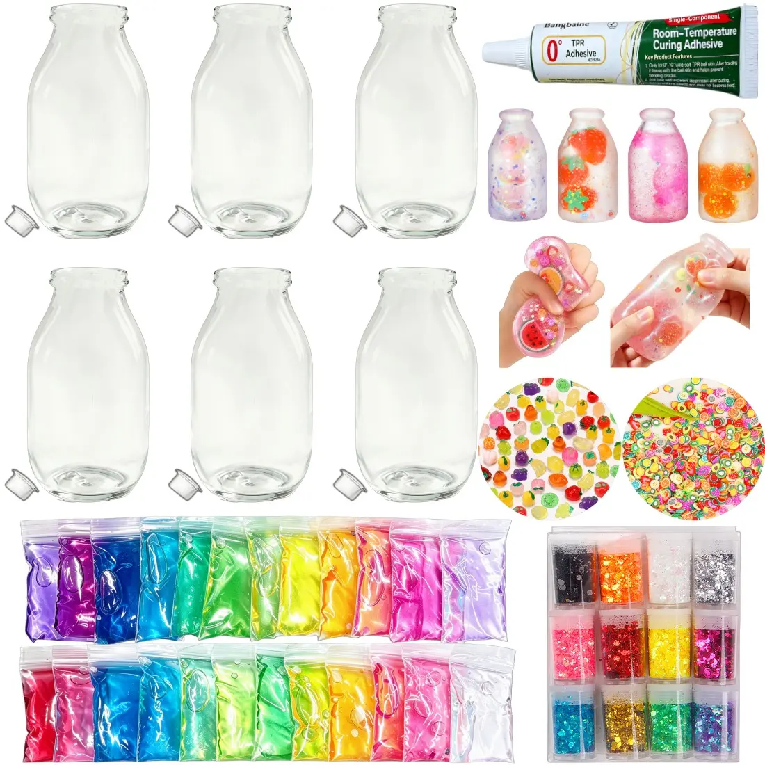 DIY Stress Relief Ball Kit, Includes 24 Colors Slime, 12 Colors Glitter, 6 Transparent Blank Skin Bottles, Perfect for Pressure Release, Slime Supplies
