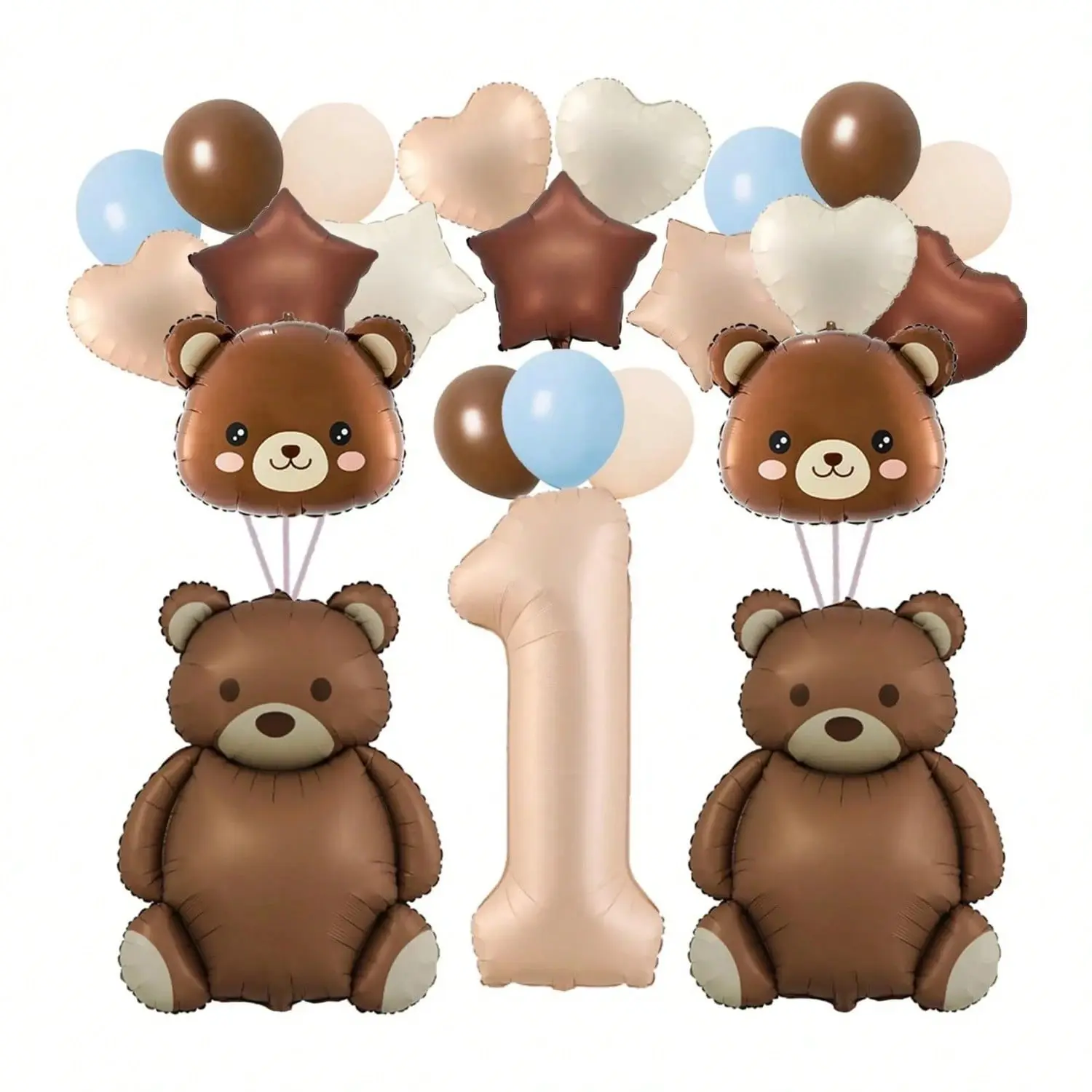 Cute Bear Number Birthday Balloon Set, Cartoon Milk Coffee Color, DIY Decoration Kit for Baby's First Birthday Party Setup