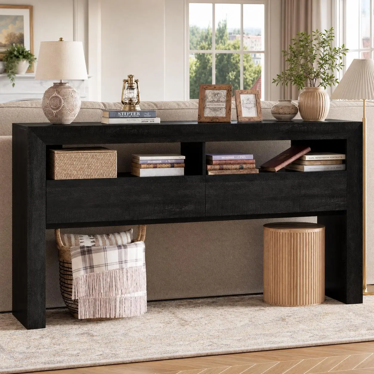 63" Long Console Table with 2 Drawersr, Farmhouse Entryway Table with Open Storage Shelves, Narrow Sofa Table Behind Couch for Living Room, Hallway, Foyer