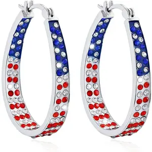 4th of July Patriotic Hoop Earrings for Women, Red White and Blue Sparkly American Flag Crystal Jewelry, Independence Day Accessories for Gift