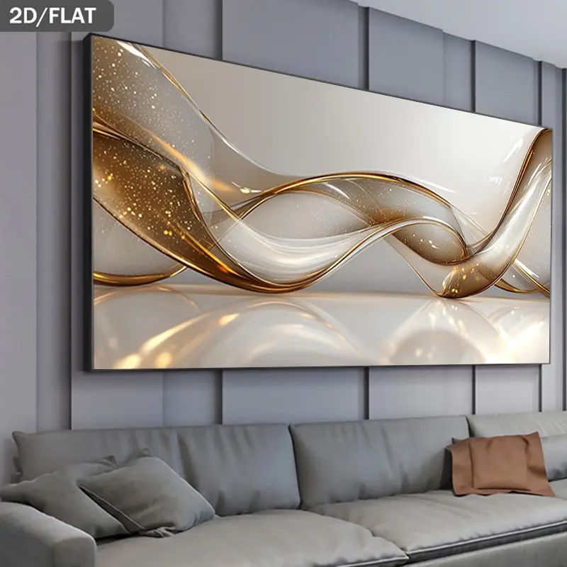 2D Flat Canvas Painting - 1 Piece Modern Golden Wave Unframed Oil Painting - Elegant Printed Wall Art, Suitable for Living Room, Neutral Wall Decor Panel, Large Size, Halloween