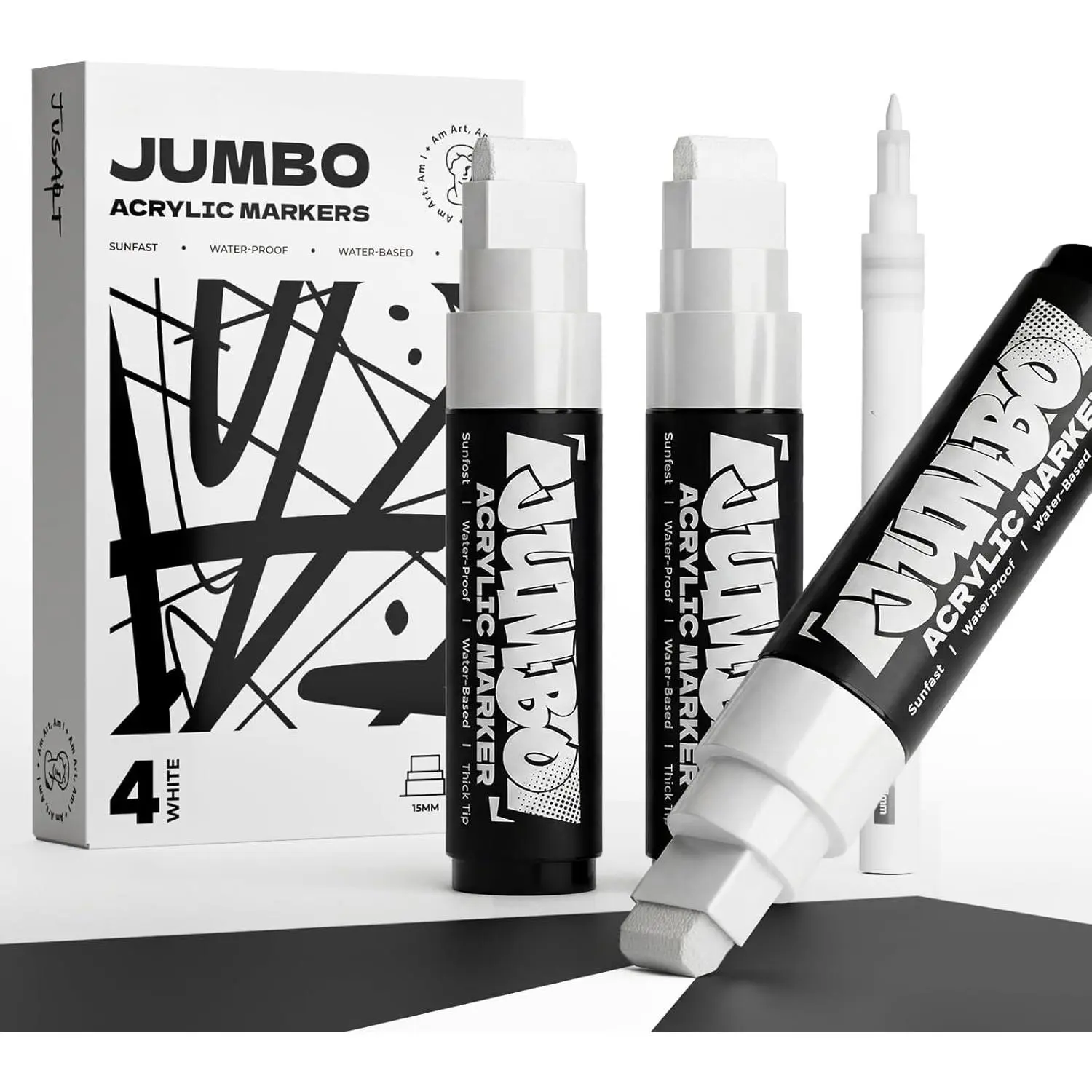 4 count White  Poster Marker Set, 15mm Wide Tip and 0.7mm Fine Tip,   Markers for Rock, Fabric, Glass, Ceramic,