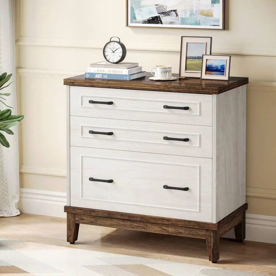 3-Drawer File Cabinet, Lateral Filing Cabinet A4/Letter/Legal Size, Wood Office Storage Cabinet Printer Stand Home Office, Living Room, White And Walnut