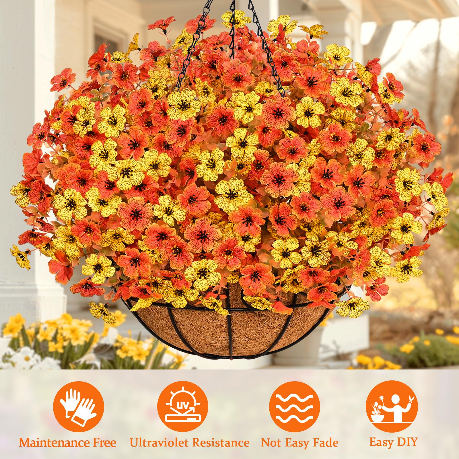 Artificial Fall Hanging Baskets for Outdoors Fake Hanging  Realistic UV Resistant Fall Flowers for Fall Decor Porch Patio Garden Decor OrangeYellow Decorative Fruit Nature Plants Yellow+Orange(12Pcs)