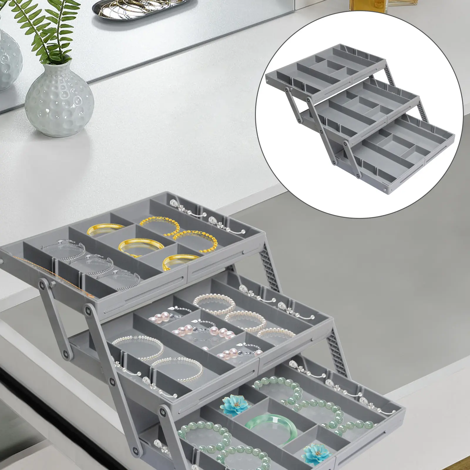 Adjustable Foldable Kitchen Storage Box - Single Row & 3-Layers Drawer Insert, 3-Layer Storage Rack Cosmetic Organisers for Vanity Setup, Jewelry & Dresser Organization