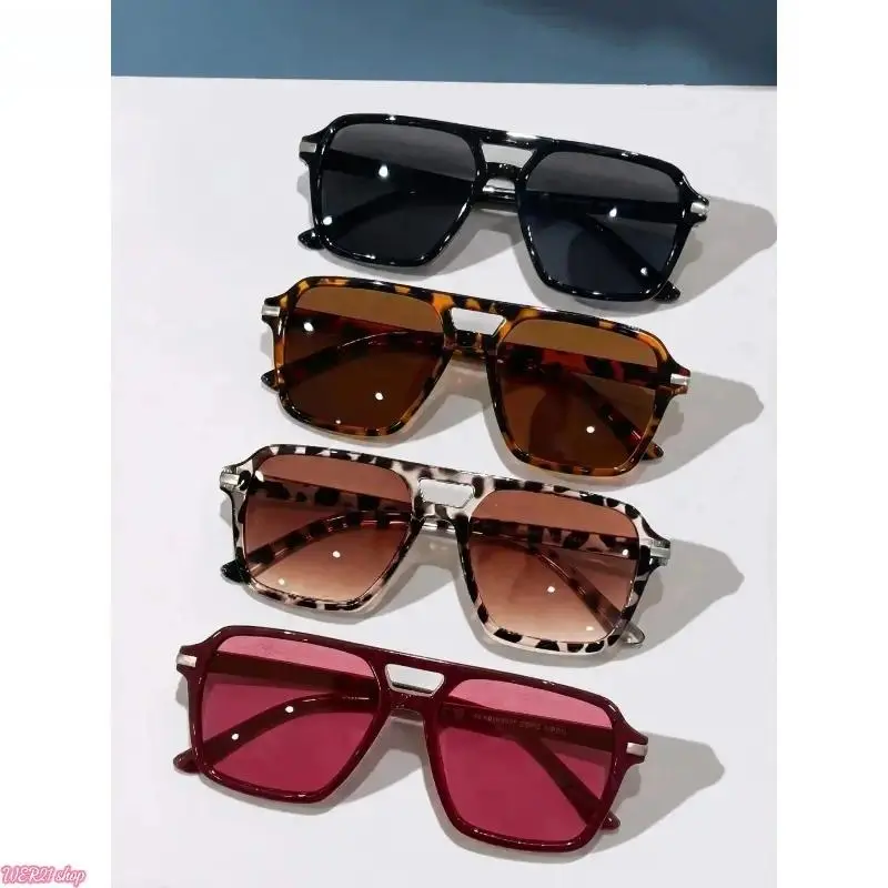 4-Pack Square Pilot Sunglasses, Dual Bridge Retro Multicolor PC Frame Eyewear, UV Protection Fashion Shades for Men & Women, Lightweight Street Style Accessory, Ideal For Driving, Vacation Photoshoots, Travel & Daily Casual Wear