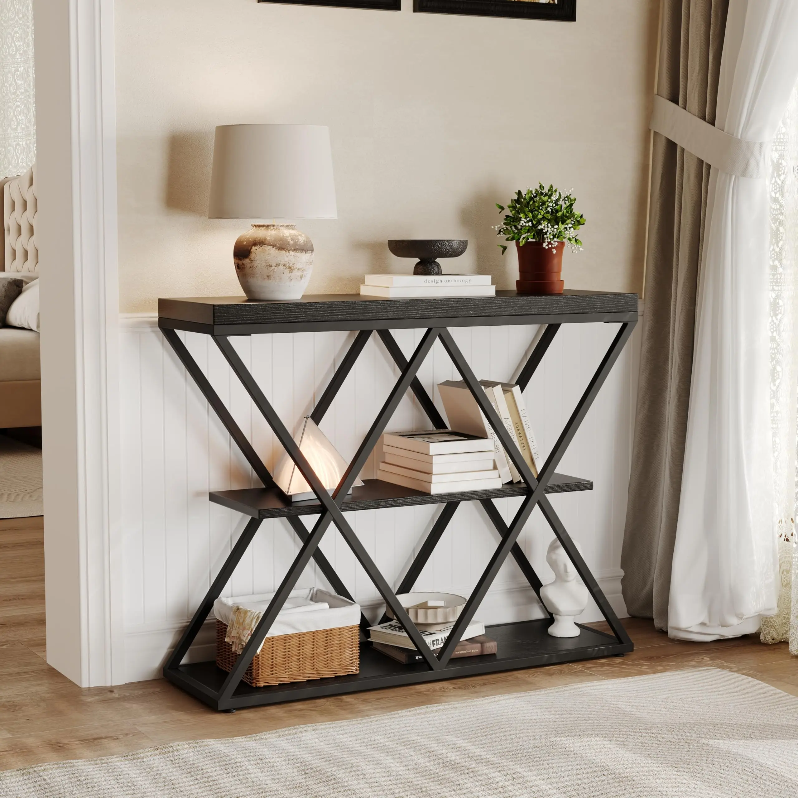 3-Tier Console Table, Narrow Entryway Hallway Table with Unique X-Shape Metal Base, 1.57” Thick Wooden Top Sofa Table for Living Room, Foyer, Accent Display Shelf, Black Wood Grain