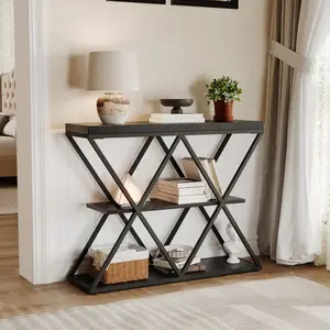 3-Tier Console Table, Narrow Entryway Hallway Table with Unique X-Shape Metal Base, 1.57” Thick Wooden Top Sofa Table for Living Room, Foyer, Accent Display Shelf, Black Wood Grain